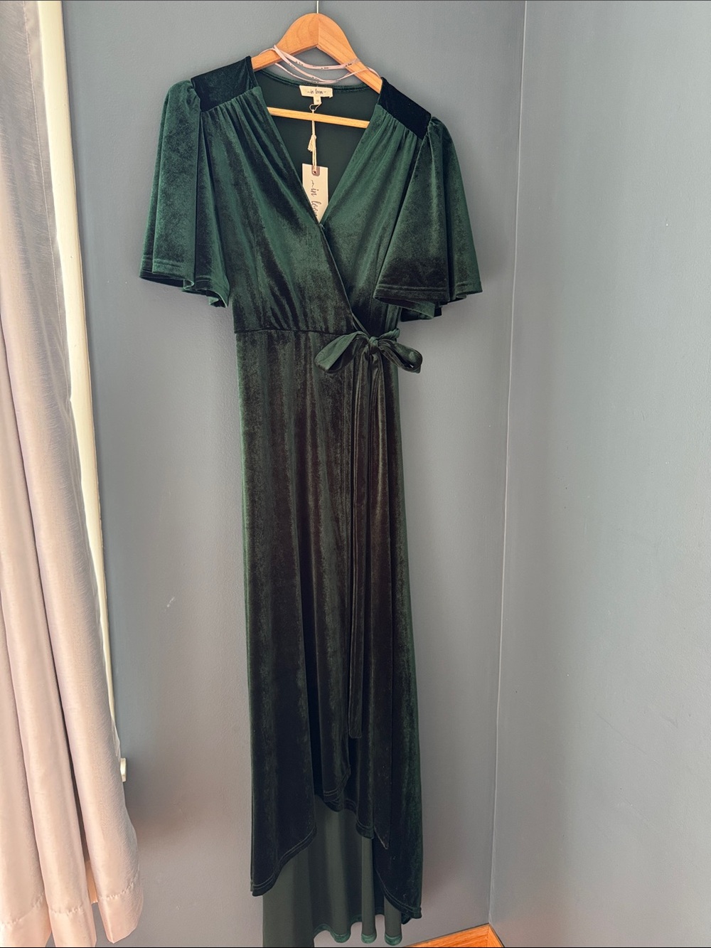 Velvet Wrap High-Low Dress in Forest Green